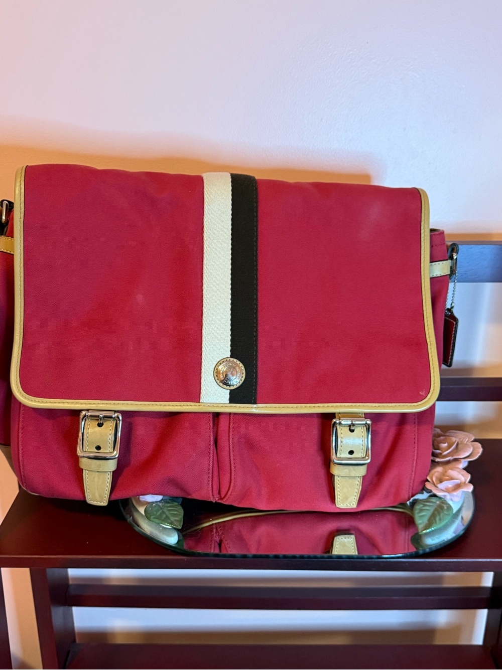 Coach Red Messenger Bag with Cream & Black Stripe